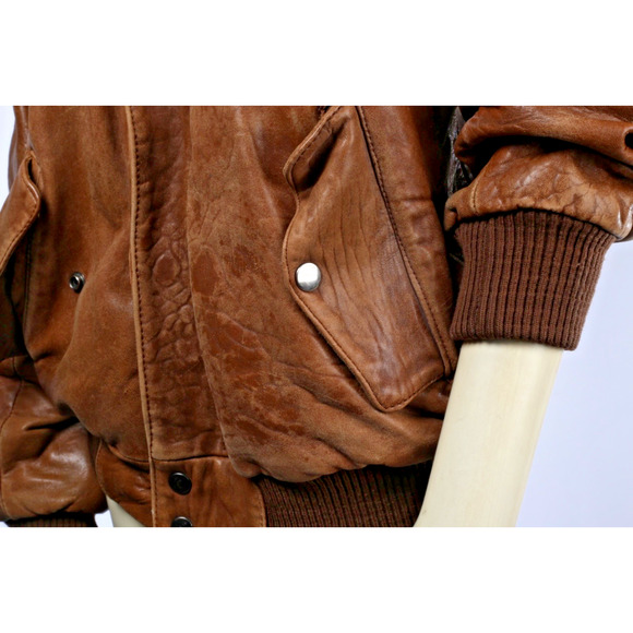 Vintage Midway Brown Leather Zipper Bomber Jacket Size 40 Sheep Shearling Collar - Picture 15 of 16